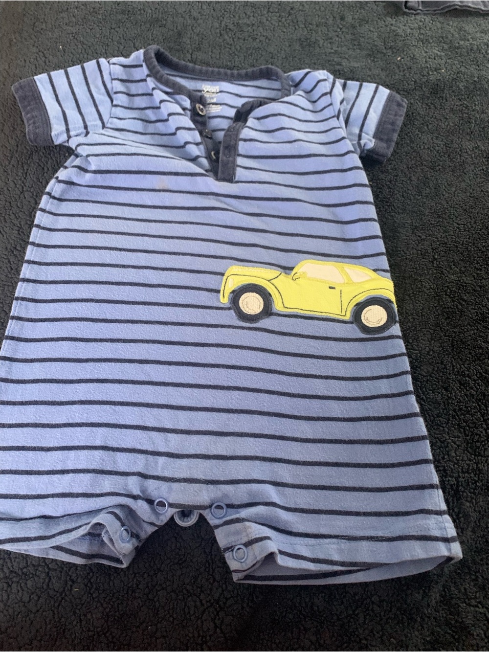 Carter's Blue Striped Romper with Yellow Car Applique
